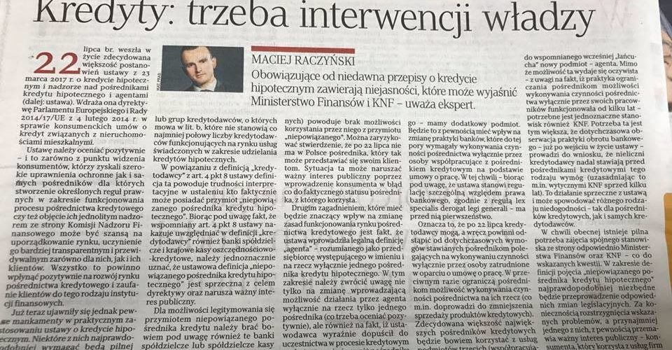 Rzeczpospolita cytuje komentarz Mec. Raczyńskiego do ustawy o kredycie hipotecznym