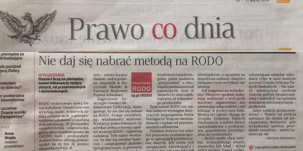 Wdrożenie i wyłudzenia RODO – komentarz mec. Kacpra Skalskiego dla Rzeczpospolitej