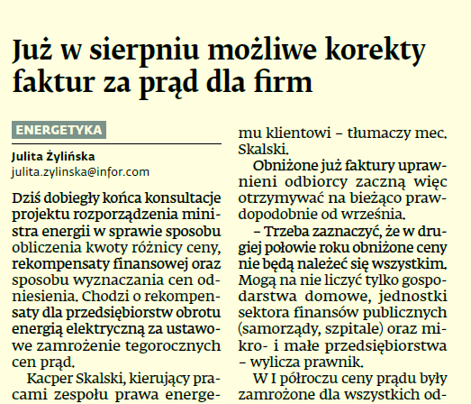 Kacper Skalski dla Dziennika Gazeta Prawna o korektach faktur dla odbiorców energii na podstawie ustawy prądowej