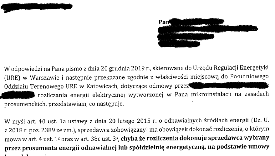 Prosument przedsiębiorca – stanowisko URE