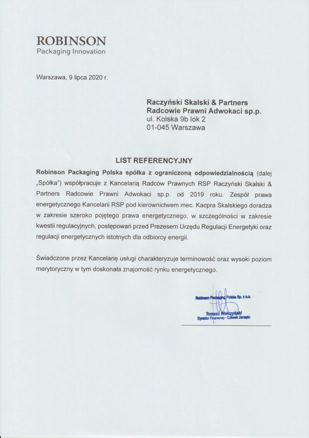 References energy law Robinson Packaging Polska sp. z o.o.