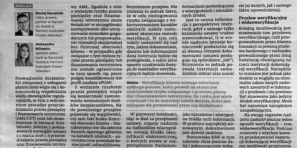 Publikacja prawników Kancelarii Raczyński Skalski & Partners w Dzienniku Gazecie Prawnej