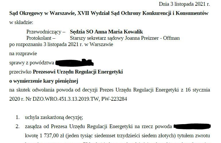 Uchylenie decyzji URE przez prawników Kancelarii