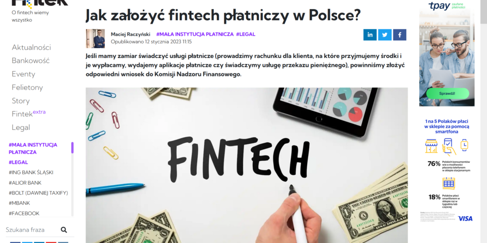 Publikacja Mec. Macieja Raczyńskiego „Jak założyć fintech płatniczy”