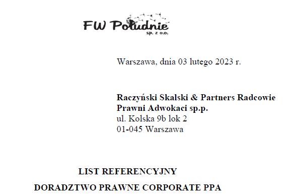 Prawnicy Kancelarii doradzali przy zawarciu umowy Corporate PPA
