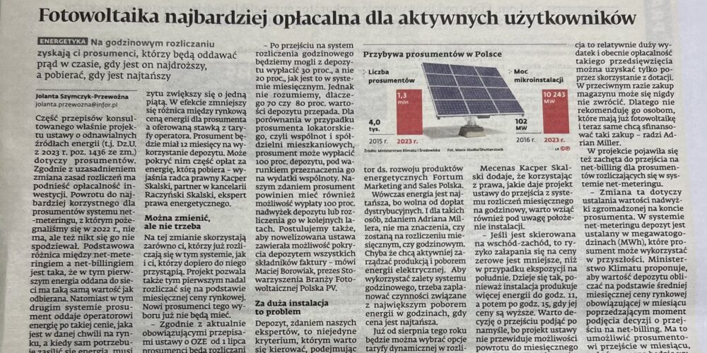 Komentarz Kacpra Skalskiego dla Dziennik Gazeta Prawna do nowelizacji ustawy o OZE